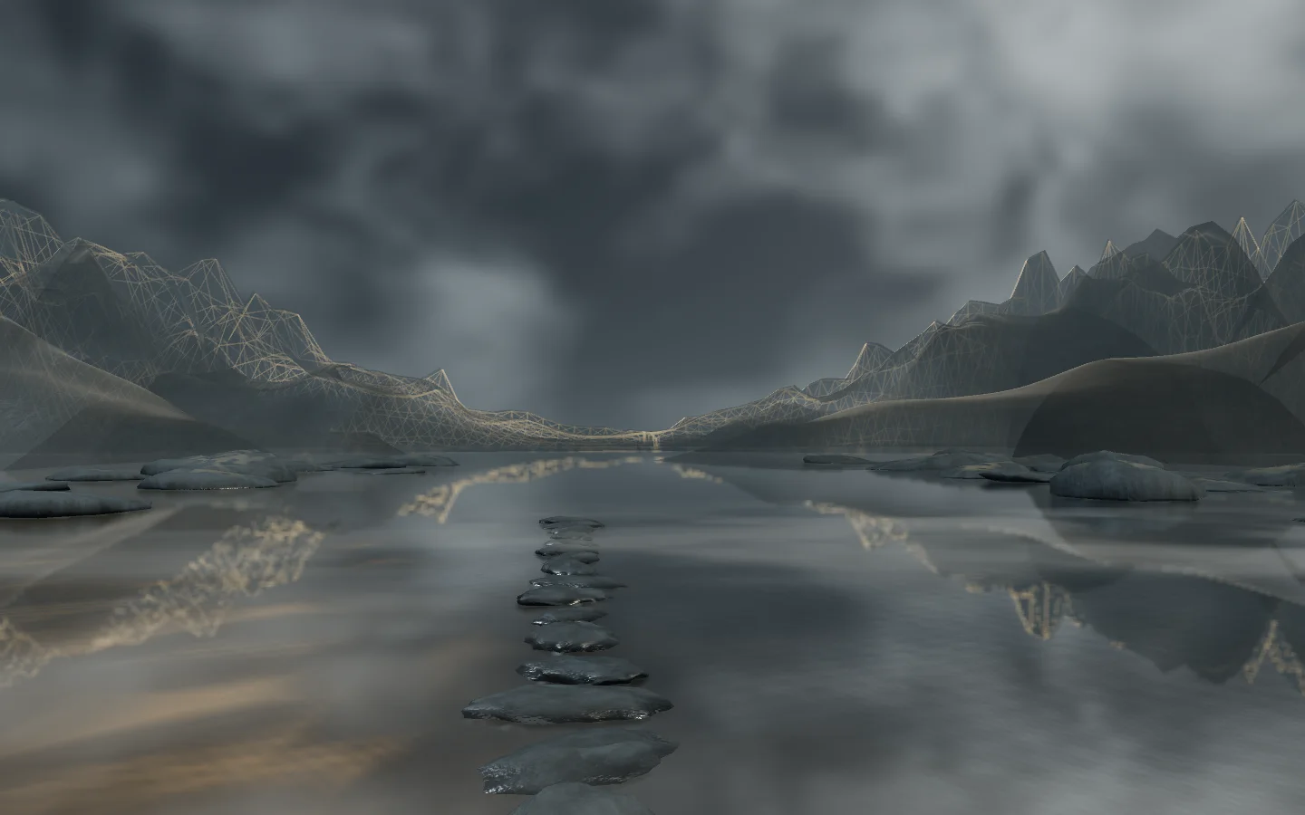 A silver and gold passage across still gray water, part of Tirva’s visual world.